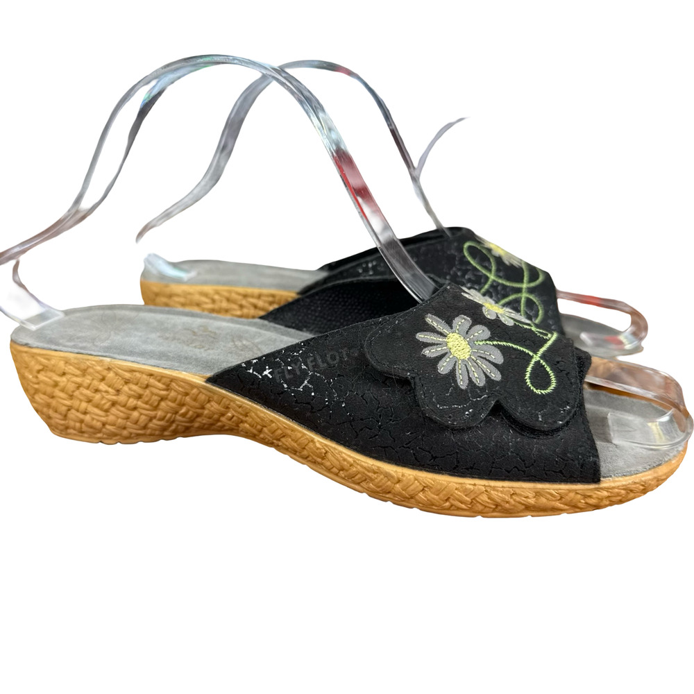 Fly Flot Black Embroidered Wedge Sandals Slides Slip On Shoes Black 38 / 7 / 7.5
